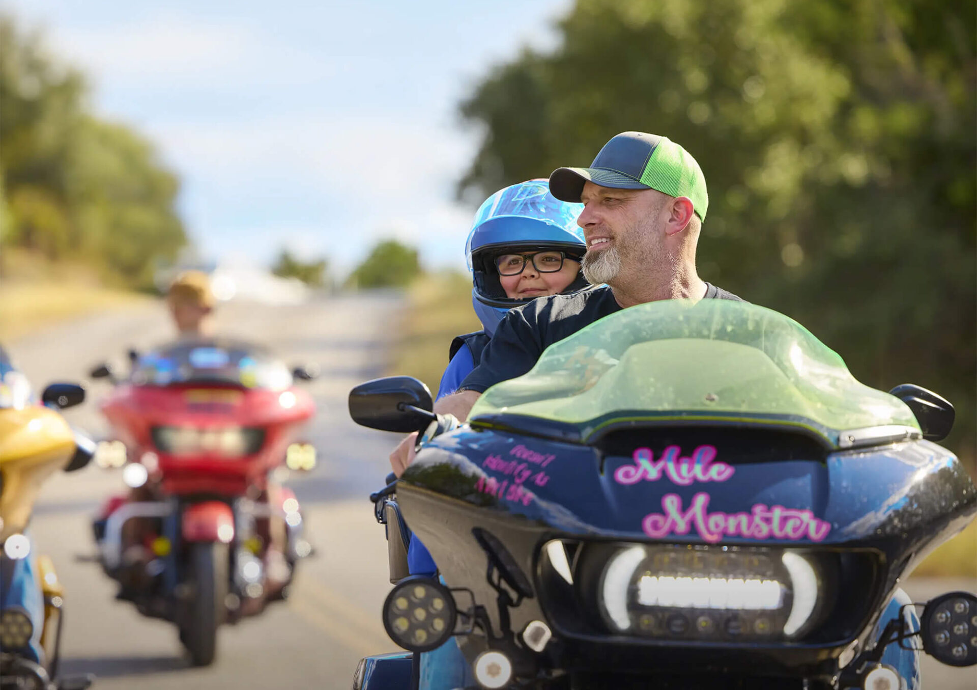 Gaven, living with DMD, and friends riding motorcycles
