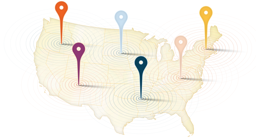 Graphic map of the United States mainland with regional geo pins